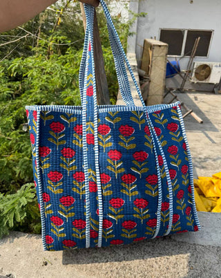 Blue Cotton Bag Women Shopping Bag Quilted Tote Bag Printed