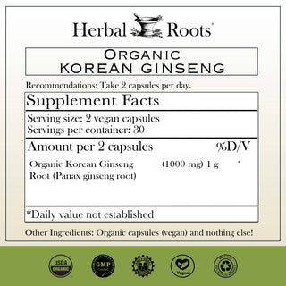 Herbal Roots Organic Korean Ginseng Root Capsules