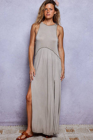 Sleeveless Racerback Back Zipper Front Slit Knit Maxi Dress