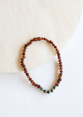 Raw Cognac Baltic Amber + Turquoise Jasper Beaded Necklace