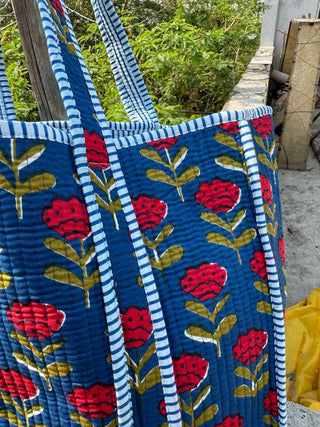 Blue Cotton Bag Women Shopping Bag Quilted Tote Bag Printed