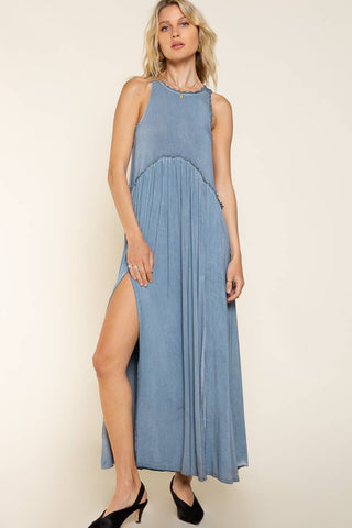 Sleeveless Racerback Back Zipper Front Slit Knit Maxi Dress