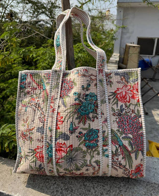 Bird Printed Cotton Quilted Bag Carry Bag Tote Bag Girls Bag