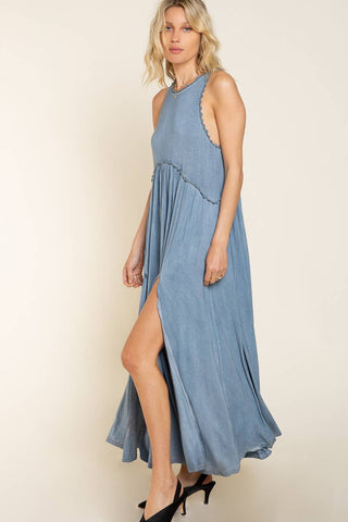 Sleeveless Racerback Back Zipper Front Slit Knit Maxi Dress