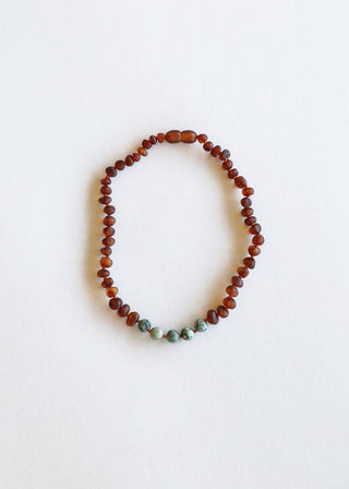 Raw Cognac Baltic Amber + Turquoise Jasper Beaded Necklace